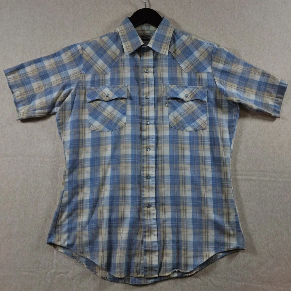 Vintage Levis Pearl Snap Shirt Mens Medium Short Sleeve Plaid Western Blue Y2K